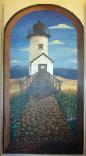 “Hallway Lighthouse”  2004. 4’ x 8’ Acrylic on birch panel. Private collection.